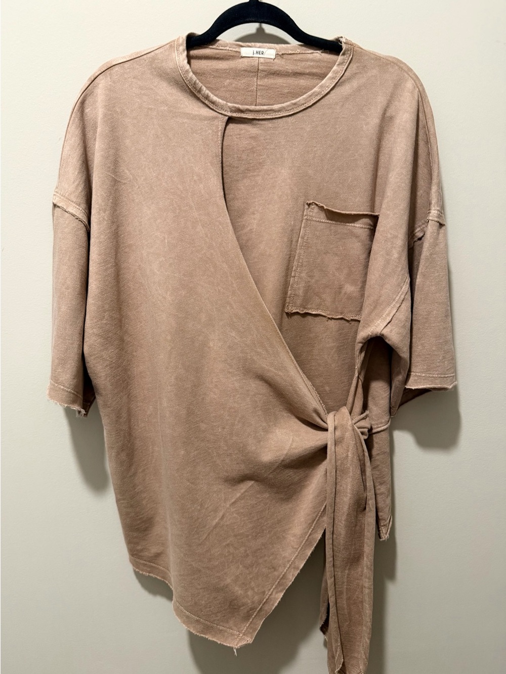j. HER Women's S ( OS) Solid Knit Round Neck Dolman Short Sleeve Tie Pocket Tee